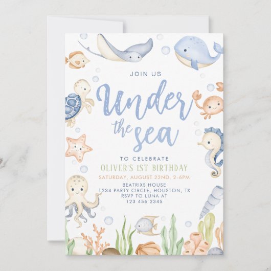 Unter den Meerestieren Ozean Geburtstag Einladung (Vorderseite)