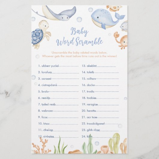 Unter den Meertieren Baby Dusche Word Scramble (Vorderseite)