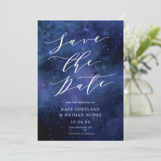 Unter den Sternen Chic Space Astronomie Stars Hoch Save The Date (Stehend Vorderseite)