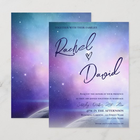 Unter den Sternen Lila rosa Typografie Hochzeit Postkarte (Vorne/Hinten)