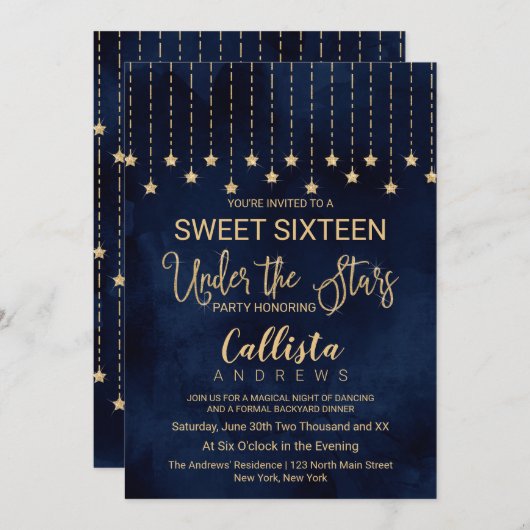 Unter den Sternen Navy Blue Gold Glitzern Sweet 16 Einladung (Vorne/Hinten)