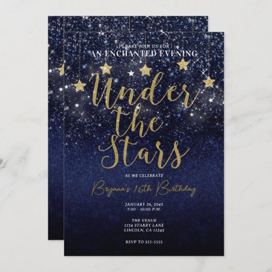 Unter den Sternen Starry Night Gold Blue Prom Part Einladung (Vorne/Hinten)