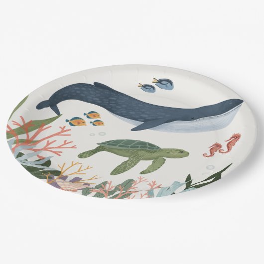 Unter der Decke des Babyduschtischs Pappteller (Schrägansicht)