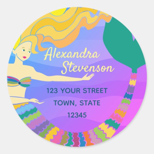 Unter der farbenfrohen Meerjungfrau-Rücksendeadres Runder Aufkleber (Vorderseite)