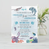 Unter der Meeresdolphin Birthday Ocean Turtle Einladung (Stehend Vorderseite)