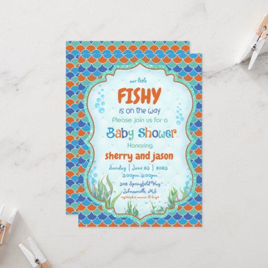 Unter der Meeresfischdusche Einladung (Vorderseite/Rückseite Beispiel)