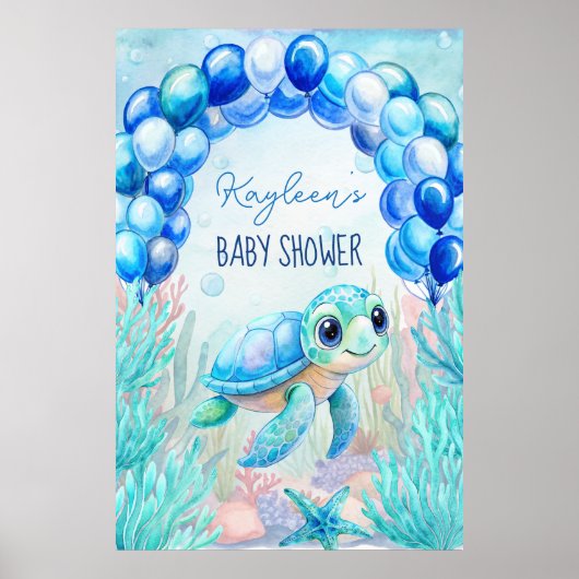 Unter der Meeresschildkröte Aqua Blue Baby Dusche  Poster (Vorne)