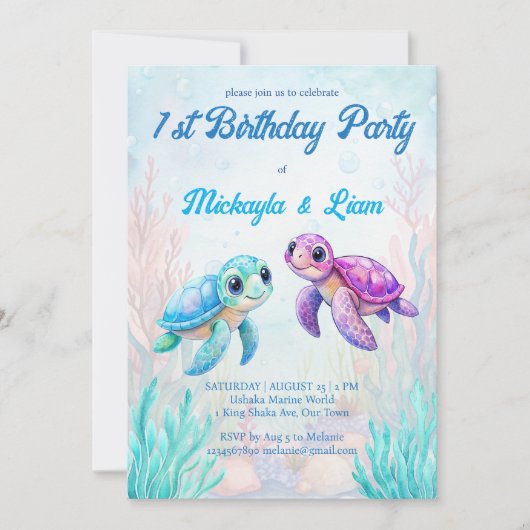 Unter der Meeresschildkröte Aqua Blue Zwillinge Ge Einladung (Vorderseite)