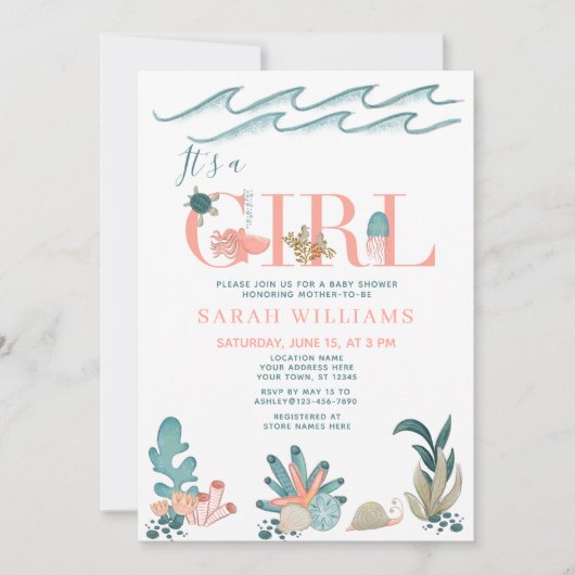 Unter der Meereswasserfarbe ist es eine Mädchendus Einladung (Vorderseite)