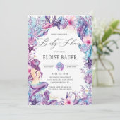 Unter der Meerjungfrau Babydusche Lila Türkis Einladung (Stehend Vorderseite)