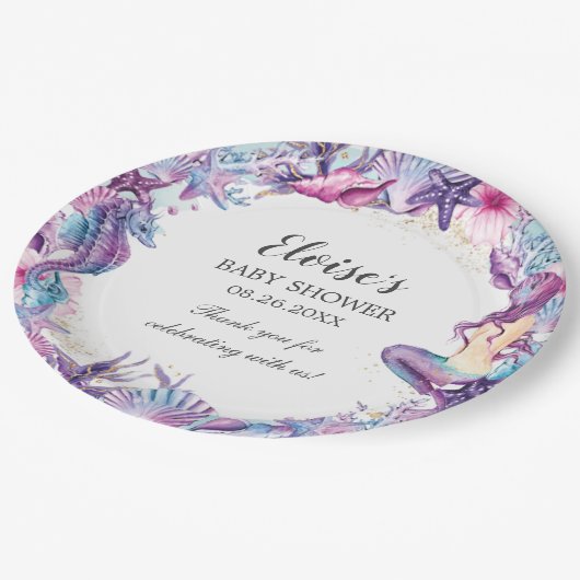 Unter der Meerjungfrau Babydusche Lila Türkis Pappteller (Schrägansicht)