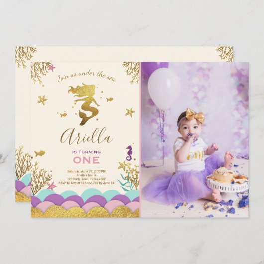 Unter der Meerjungfrau Birthday Einladung Gold (Vorne/Hinten)