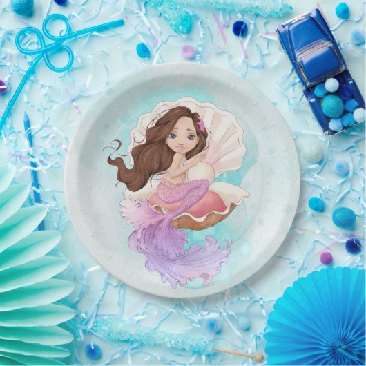 Unter der Meerjungfrau (Brünett) in der Muschel Oy Pappteller (Party)