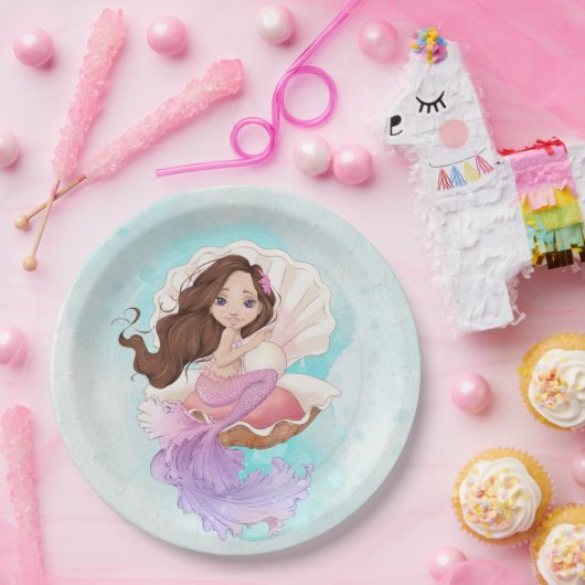 Unter der Meerjungfrau (Brünett) in der Muschel Oy Pappteller (Party)