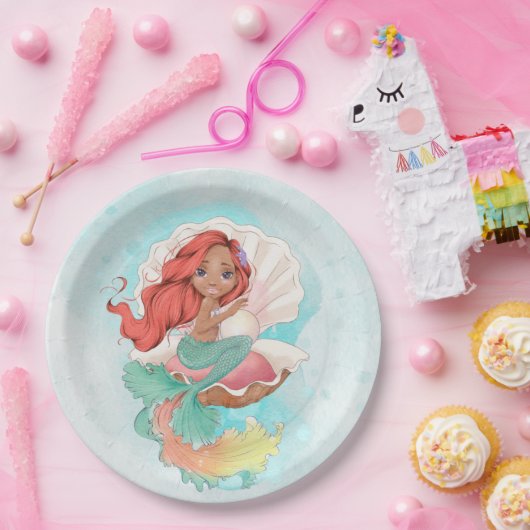 Unter der Meerjungfrau (dunkle Haut) in Austernreg Pappteller (Party)