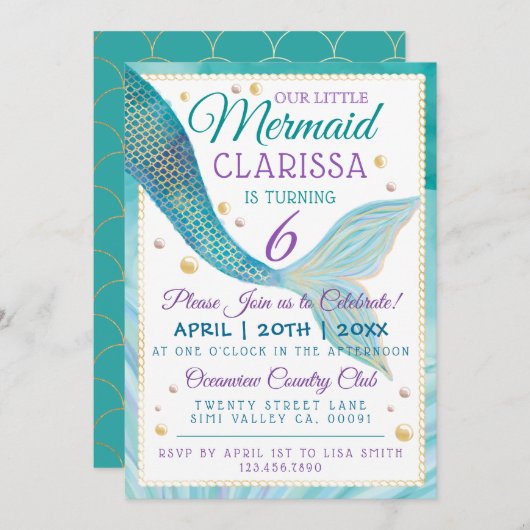 Unter der Meerjungfrau Geburtstagspartei Einladung (Vorne/Hinten)