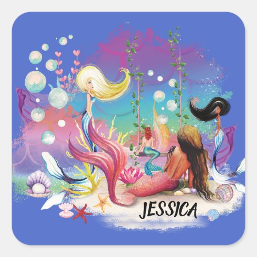 Unter der Meerjungfrau Ozean Lila Türkis Quadratischer Aufkleber (Vorderseite)