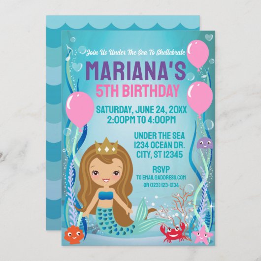 Unter der Meerjungfrau Prinzessin (golden/hell) Einladung (Vorne/Hinten)