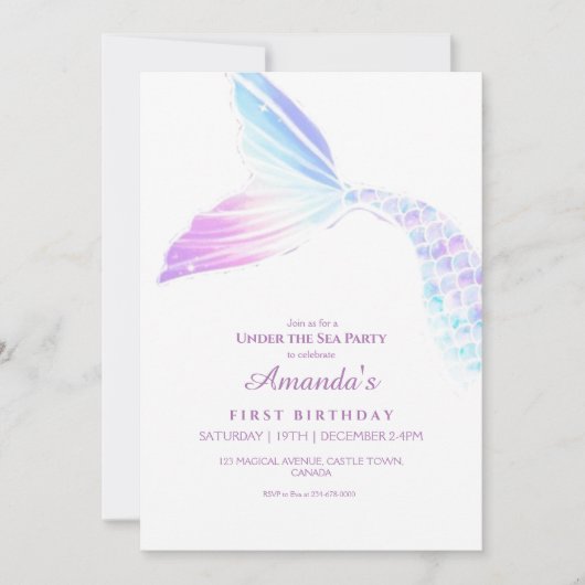 Unter der Meerjungfrau Schwanz Girly Birthday Part Einladung (Vorderseite)