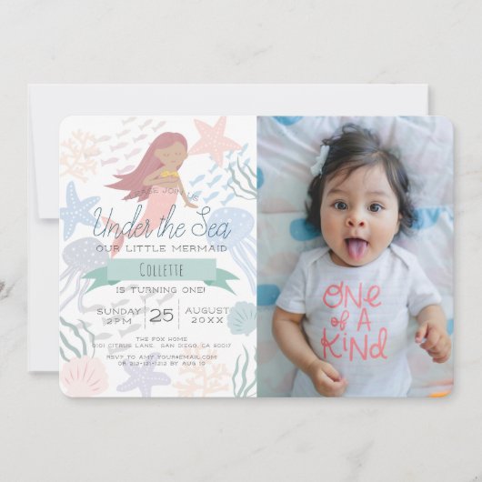 Unter der Meerjungfrau Sea Green Foto 1. Geburtsta Einladung (Vorderseite)