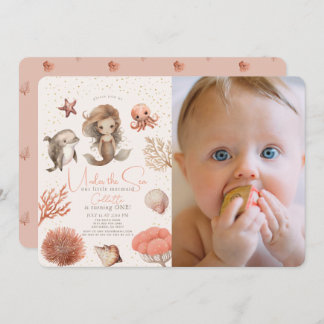 Unter der Meerjungfrau Sea Pink 1. Geburtstag Foto Einladung