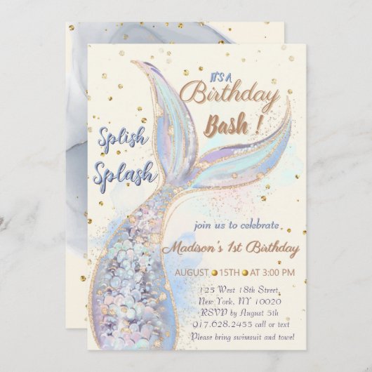 Unter der Meerjungfrau zum Geburtstag Einladung (Vorne/Hinten)