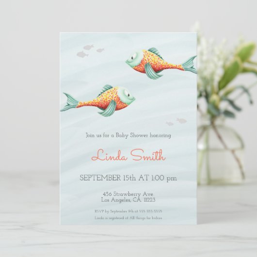 Unter der Niedlichen Fischdusche Neutral Twin Baby Einladung (Stehend Vorderseite)