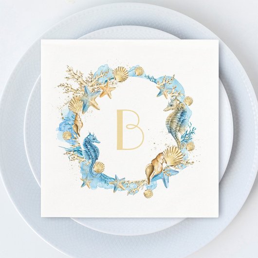 Unter der Sea Blue Gold Monogram Serviette