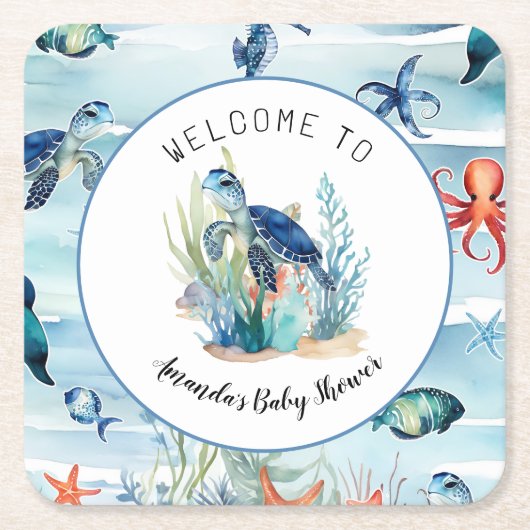 Unter der Sea Turtle Blue Boy Baby Dusche Rechteckiger Pappuntersetzer (Vorderseite)
