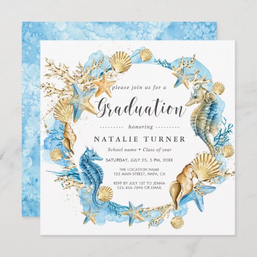 Unter der Seeblauen GoldAbschluss-Einladung Einladung (Vorne/Hinten)