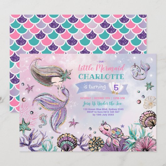 Unter Meer Mermaid Schildkröte Narwhal Geburtstag Einladung (Vorne/Hinten)