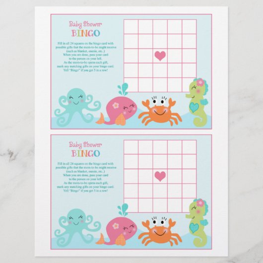 Unter Meer/Rosa Whale "Baby Shower Bingo" Blatt (Vorderseite)