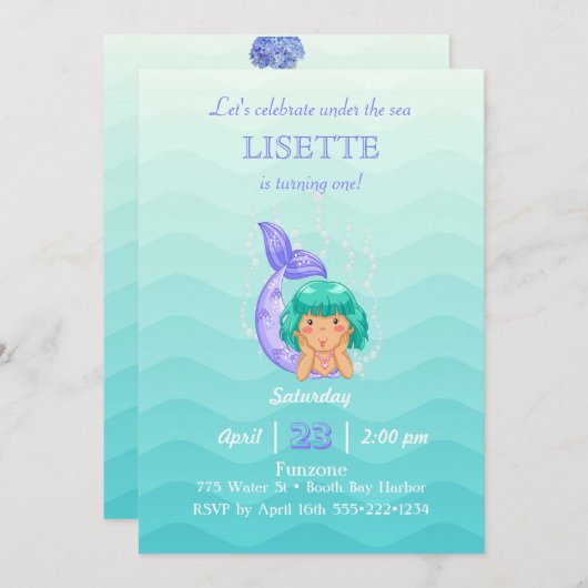 Unter Meer sprudelt die Meerjungfrau kleines Einladung (Vorne/Hinten)