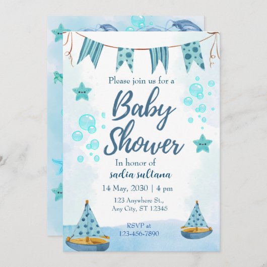 Unter Meeresfreude: Personalisierte Baby Boy Dusch Einladung (Vorne/Hinten)