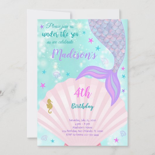 Unter Meerjungfrau Schwanz Geburtstag Einladung (Vorderseite)