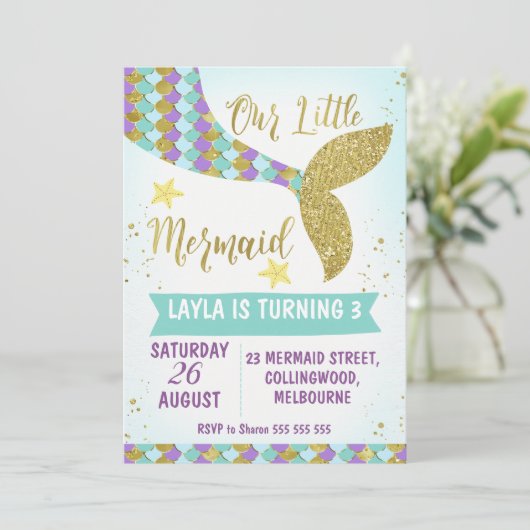 Unter Meerjungfrau Schwanz Geburtstag Einladung (Stehend Vorderseite)
