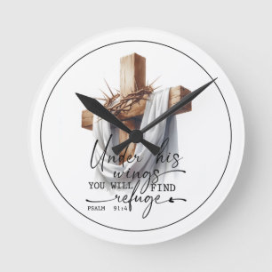 Unter seinen Flügeln Schrift Kunst – Psalm 91:4  Runde Wanduhr