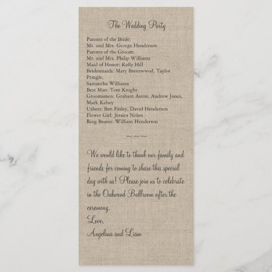 Unter Twinkle Lights on Burlap Wedding Programm (Rückseite)