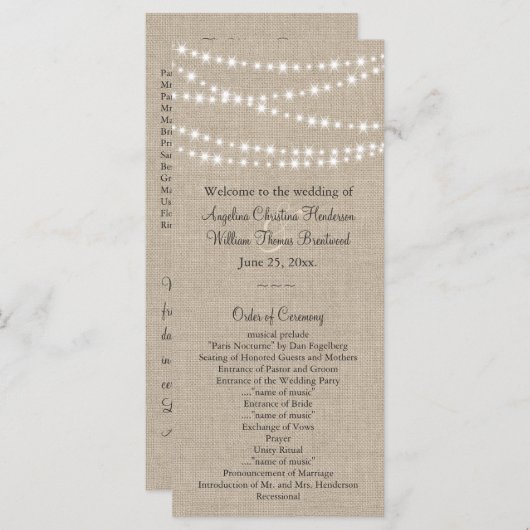 Unter Twinkle Lights on Burlap Wedding Programm (Vorne/Hinten)