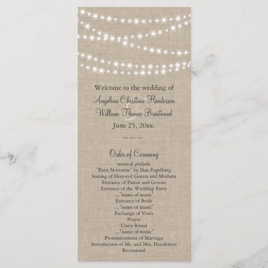 Unter Twinkle Lights on Burlap Wedding Programm (Vorderseite)