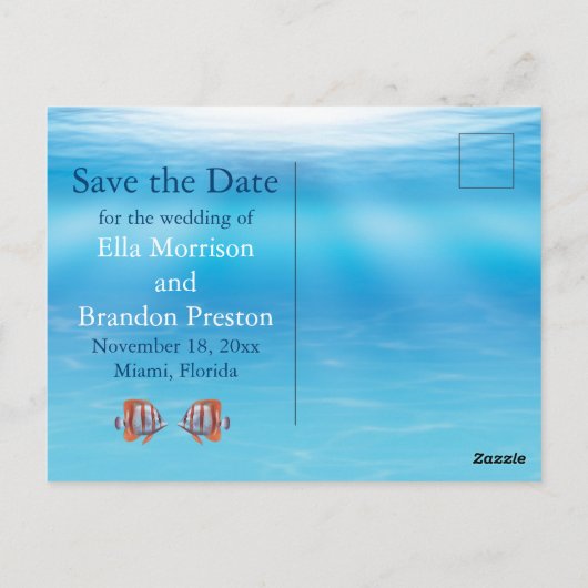 Unter Wasser zwei weniger Fische Save the Date im  Postkarte (Rückseite)
