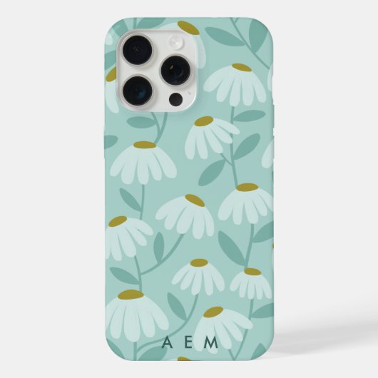 Untere Monogramm-Initialen Türkisblaue Blumenmuste iPhone Hülle (Rückseite)