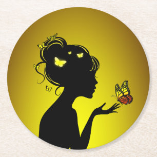 Unterglas aus Papier Gelbe Schmetterlinge Runder Pappuntersetzer