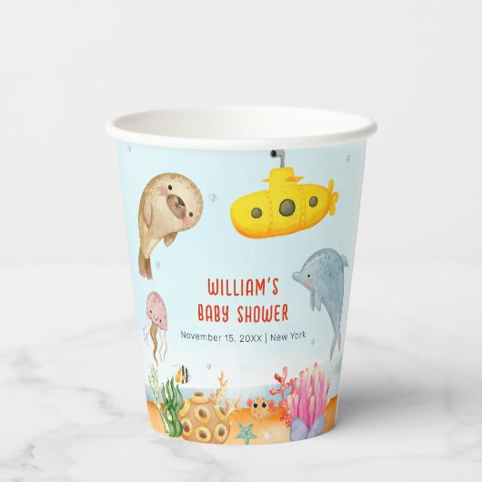 Unterhalb der maritimen Babydusche Pappbecher (Rückseite)