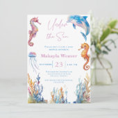 Unterhalb der Sea Animal Watercolor Babydusche Einladung (Stehend Vorderseite)
