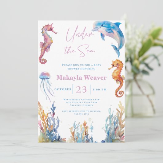 Unterhalb der Sea Animal Watercolor Babydusche Einladung (Stehend Vorderseite)