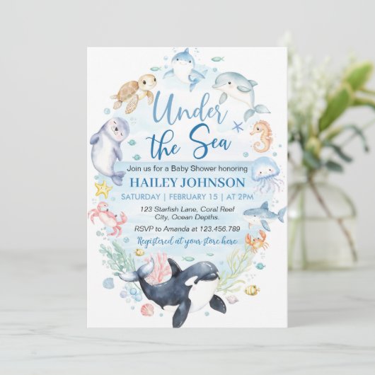Unterhalb des Blue Ocean Animals Baby Dusche Einladung (Stehend Vorderseite)