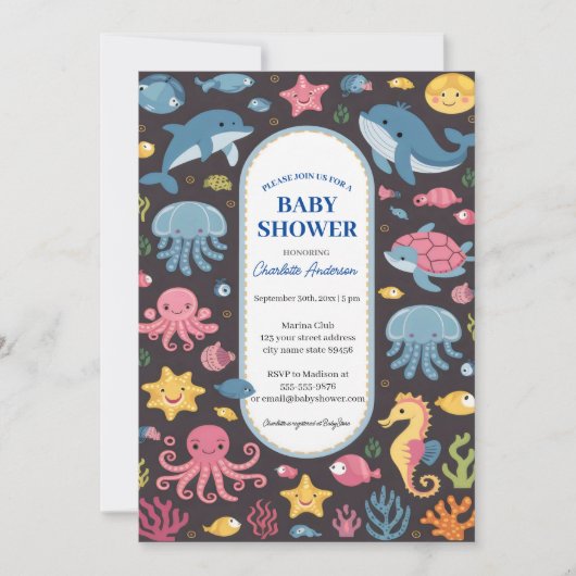 Unterhalb des Blue Ocean Animals Baby Dusche Einladung (Vorderseite)