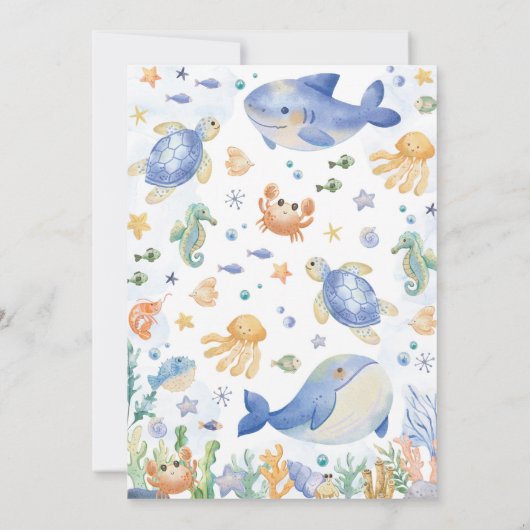 Unterhalb des Blue Ocean Animals Baby Dusche Einladung (Rückseite)