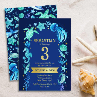 Unterhalb des Meeres Aquarell Sea Life Navy Blue Folieneinladung